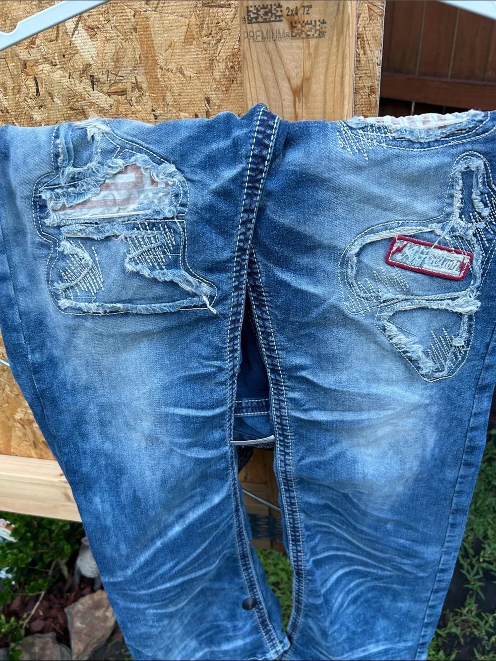 Affliction Blue Slim Straight Jeans with Embroidered Pocket Accents